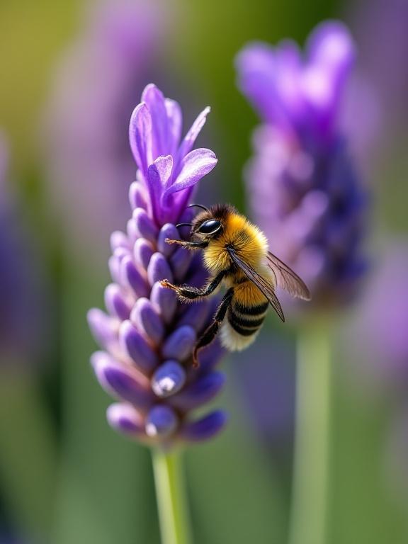 Un'ape che impollina un fiore di lavanda in un giardino sostenibile.